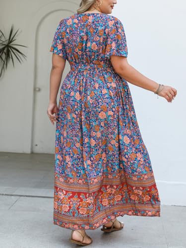 512NLxMNIYL.jpg Women's Plus Size Summer Dress V Neck Short Ruffle Sleeves Flowy X Line Maxi Dress Wide Belt