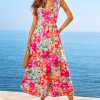 Women's Floral Square Neck Sleeveless Ruffle Trim Backless Tie Twisted Summer Beach Maxi Dress