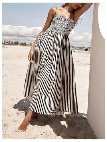 Women's Summer Striped Maxi Dress Spaghetti Strap Shirred A Line Flowy Long Cami Dresses Sundress with Pockets