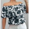 Women's Off The Shoulder Ruffle Short Sleeve Floral Print Summer Blouse Tops