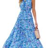 Women's Maxi Dress Ruffled V Neck Abstract Printed Sleeveless Self Tie A Line Long Summer Formal Dress