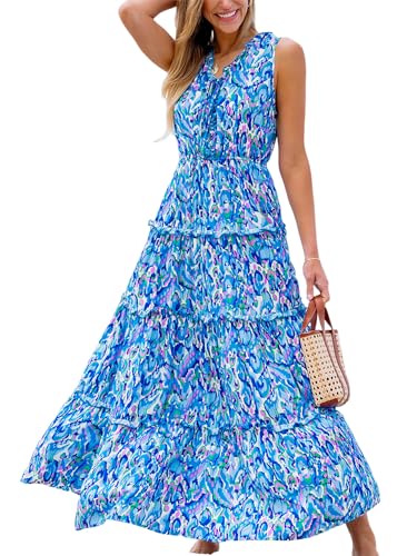 Women's Maxi Dress Ruffled V Neck Abstract Printed Sleeveless Self Tie A Line Long Summer Formal Dress