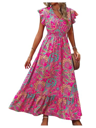 Women's Summer Dress Boho Floral Ruffle Sleeve V Neck Flowy Beach Maxi Dresses