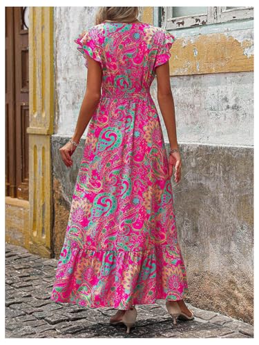 Women's Summer Dress Boho Floral Ruffle Sleeve V Neck Flowy Beach Maxi Dresses