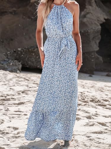 Women's Maxi Dress Halter Ditsy Floral Belted Sleeveless Ruffled Long Summer Casual Dress