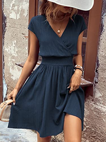 514AceUgOFL.jpg Women's Short Batwing Sleeve Cross Wrap V-Neck A-line Casual Swing Dress Plain Shirred Flared Short Dress
