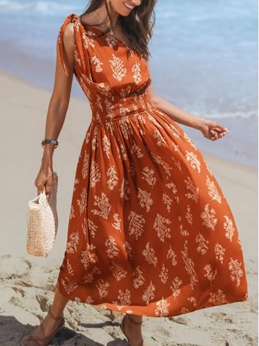 514OpYxEd1L.jpg Women's One Shoulder Floral Printed Sleeveless Smocked Waist Maxi Dress Summer Boho Long Dress