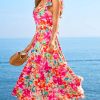 Women's Floral Square Neck Sleeveless Ruffle Trim Backless Tie Twisted Summer Beach Maxi Dress