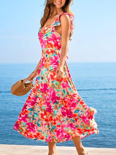 Women's Floral Square Neck Sleeveless Ruffle Trim Backless Tie Twisted Summer Beach Maxi Dress