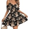 514yW8CslyL.jpg Women's Boho Floral Print Cold Shoulder Dress Short Sleeve Ruffle A Line Vacation Elegant Mini Dresses