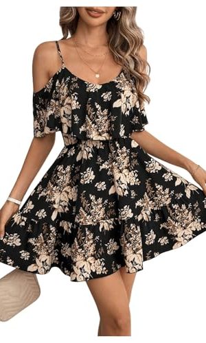 Women's Boho Floral Print Cold Shoulder Dress Short Sleeve Ruffle A Line Vacation Elegant Mini Dresses