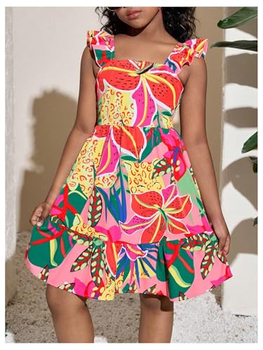 5158rYuadL.jpg Girl's Summer Dresses Square Neck Ruffle Sleeveless Vacation Short Flared Dress
