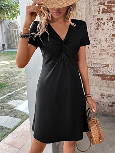 Women's Casual Short Sleeve V Neck Tee Shirt Dress Twist Front A Line Short Dresses