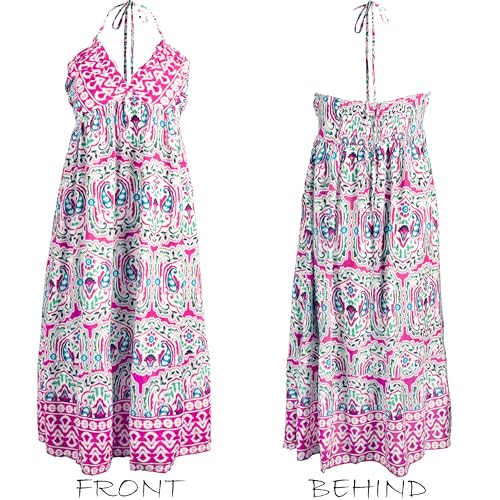 515I6fl0VGL.jpg Women Backless Floral Summer Dress Plunging V Halter Neck Spaghetti Strap Ruffle Casual Beach Holiday Maxi Dress