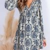 515ikdxv3zL.jpg Women's Mini Dress Smocked V Neck Long Sleeve Empire Waist Casual A Line Dress