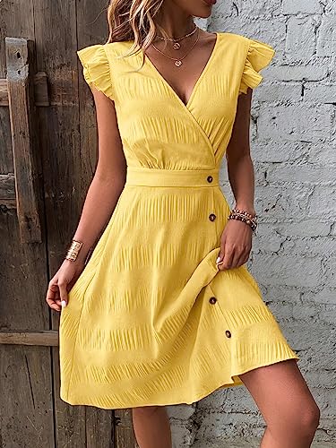 Women's Sleeveless Ruffle Trim V Neck Wrap Dress Button Front A Line Knee Length Dresses