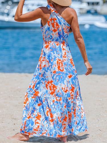 Women's Summer Dresses Abstract Floral One Shoulder A Line Smocked Tiered Maxi Dress
