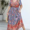5169zr7V3HL.jpg Women's Plus Size Summer Dress V Neck Short Ruffle Sleeves Flowy X Line Maxi Dress Wide Belt