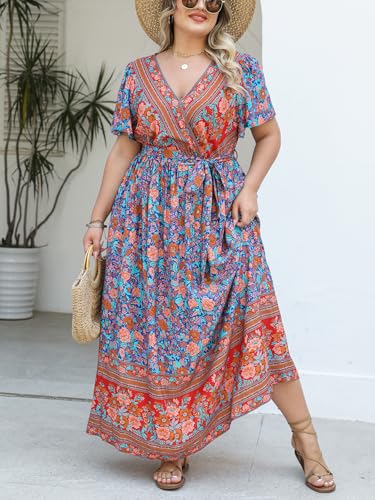 5169zr7V3HL.jpg Women's Plus Size Summer Dress V Neck Short Ruffle Sleeves Flowy X Line Maxi Dress Wide Belt
