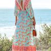 516crqQ777L.jpg Women's Plunging V Neck Paisley Boho Backless Beach Dress Blouson Sleeve Back Tie Waist Tie Maxi Summer Dresses