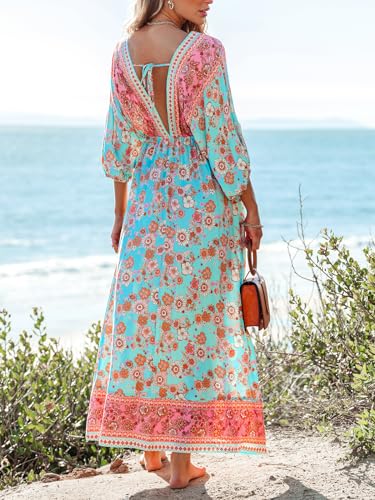 516crqQ777L.jpg Women's Plunging V Neck Paisley Boho Backless Beach Dress Blouson Sleeve Back Tie Waist Tie Maxi Summer Dresses