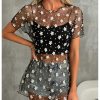 Women's Floral Sheer Mesh Swimsuit Coverups Short Sleeve Mini Beach Dresses
