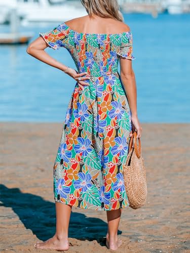 Women's Off The Shoulder Ruffled Short Sleeve Smocked Paisley Beach Midi Dress