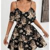 517C76ccwxL.jpg Women's Boho Floral Print Cold Shoulder Dress Short Sleeve Ruffle A Line Vacation Elegant Mini Dresses