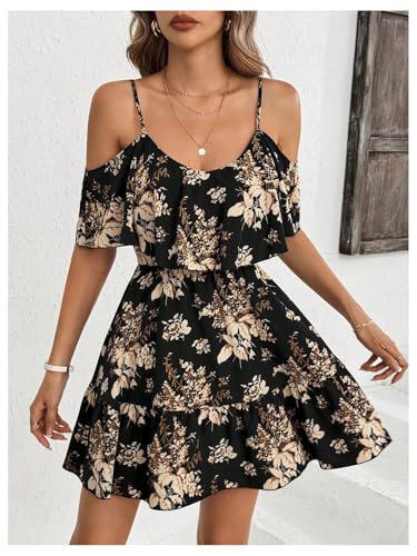 517C76ccwxL.jpg Women's Boho Floral Print Cold Shoulder Dress Short Sleeve Ruffle A Line Vacation Elegant Mini Dresses