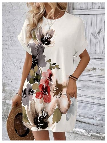 Women's Floral Print Mini Dresses Dolman Short Sleeve Crewneck Summer Vacation Dress