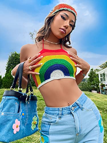517o51XdzDL.jpg Women's Backless Rainbow Striped Halter Tie Back Tops Sleeveless Knit Crop Top