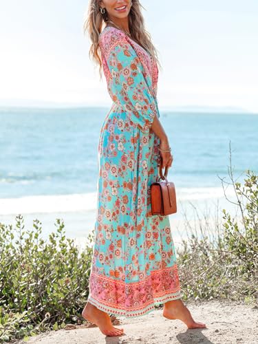 517w4fBO6uL.jpg Women's Plunging V Neck Paisley Boho Backless Beach Dress Blouson Sleeve Back Tie Waist Tie Maxi Summer Dresses