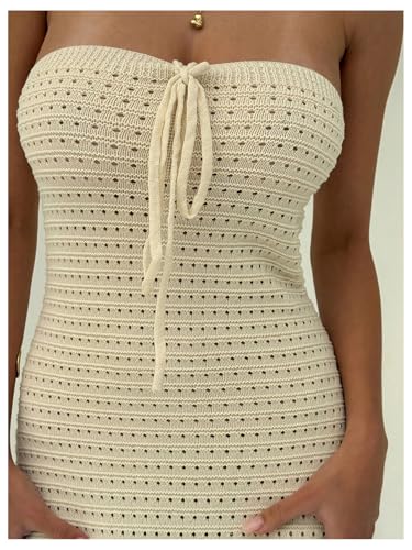 518AkisvtwL.jpg Women's Summer Crochet Tube Maxi Dress Tie Front Strapless Sleeveless Bodycon Knit Long Dresses