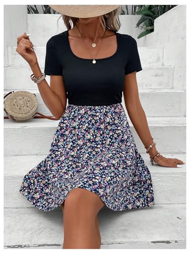Women's Elegant Floral Dresses Scoop Neck Short Sleeve Short Dress for Women 2025