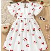Girl's Cherry Print Short A Line Dress Short Sleeve Belted Flared Dress