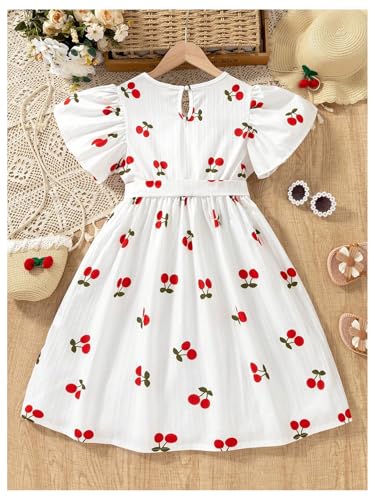 Girl's Cherry Print Short A Line Dress Short Sleeve Belted Flared Dress