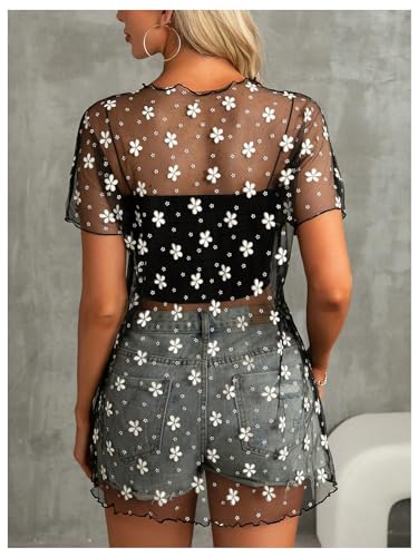 Women's Floral Sheer Mesh Swimsuit Coverups Short Sleeve Mini Beach Dresses