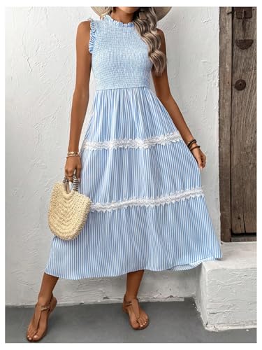 Women's Summer Long Dress Casual Boho Striped Sleeveless Smocked Tiered Ruffle Sundress