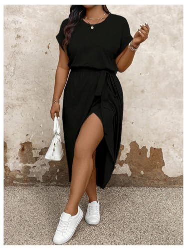519TXuNY4ML.jpg Women's Plus Size Wrap Long Dress Dolman Sleeve Crew Neck Belted Casual Dresses