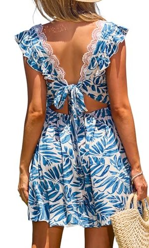 519WsfCf0ML.jpg Women's Mini Dresses Summer Beach V Neck Flutter Sleeve Floral A Line Short Casual Dress