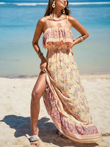 Women Ruffle Floral Summer Dress Spaghetti Strap Backless Flounce Casual Sundress Beach Holiday Maxi Dress