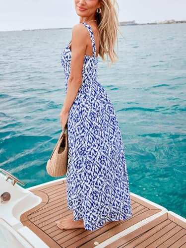 51AkKsXFBdL.jpg Women Ruffle Summer Dress 2025 Square Neck Straps Button Front Casual Sundress Holiday Vacation Beach Maxi Dress