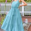 Women's Summer Dresses Casual V Neck Elastic Waist Maxi Tiered Dress with Pockets