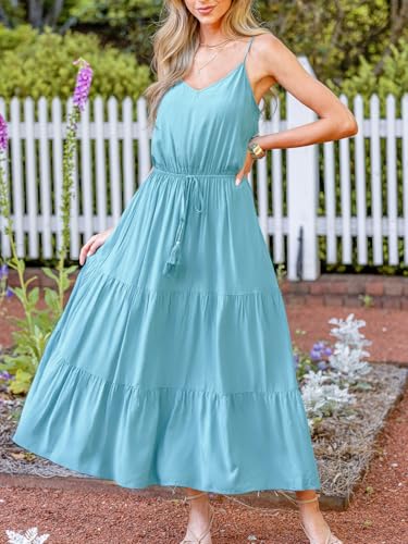 Women's Summer Dresses Casual V Neck Elastic Waist Maxi Tiered Dress with Pockets