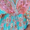 51BSkdcbdyL.jpg Women's Plunging V Neck Paisley Boho Backless Beach Dress Blouson Sleeve Back Tie Waist Tie Maxi Summer Dresses