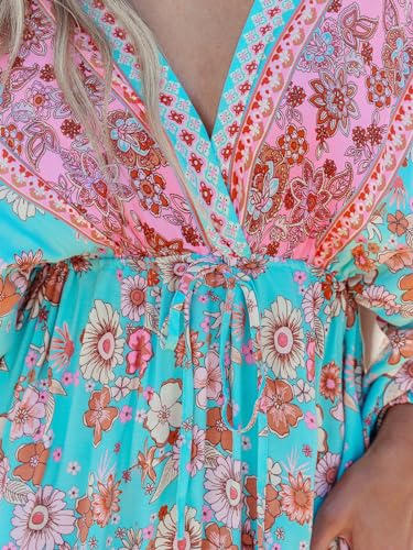 51BSkdcbdyL.jpg Women's Plunging V Neck Paisley Boho Backless Beach Dress Blouson Sleeve Back Tie Waist Tie Maxi Summer Dresses