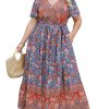 51BUDw4b2L.jpg Women's Plus Size Summer Dress V Neck Short Ruffle Sleeves Flowy X Line Maxi Dress Wide Belt