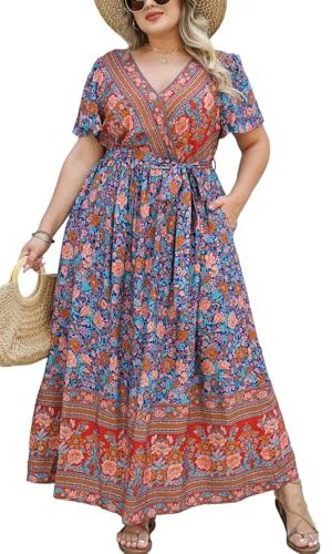 51BUDw4b2L.jpg Women's Plus Size Summer Dress V Neck Short Ruffle Sleeves Flowy X Line Maxi Dress Wide Belt