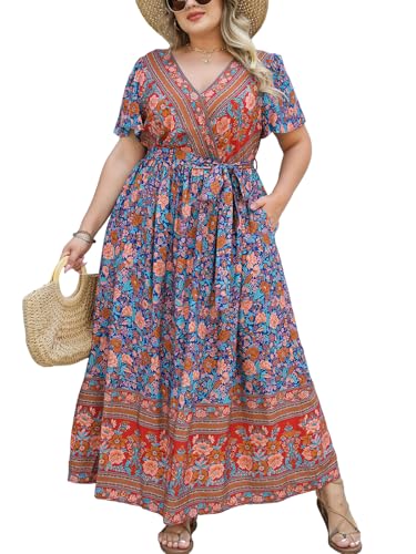 51BUDw4b2L.jpg Women's Plus Size Summer Dress V Neck Short Ruffle Sleeves Flowy X Line Maxi Dress Wide Belt