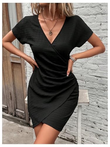 Women's Summer Ruched Wrap Mini Dresses V Neck Short Sleeve Wrap Bodycon Dress